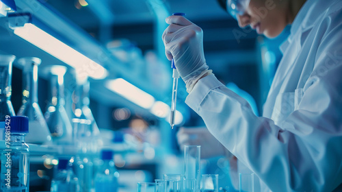 A medical professional carefully pipetting a sample into a test tube for analysis, against the backdrop of a high-tech lab, Analyzing samples concept, Medical Research, Education,