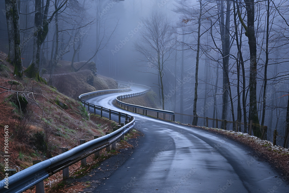 Road in the fog. Misty landscape. Background image. Created with Generative AI technology. Road in the fog. Misty landscape. Background image. Created with Generative AI technology.