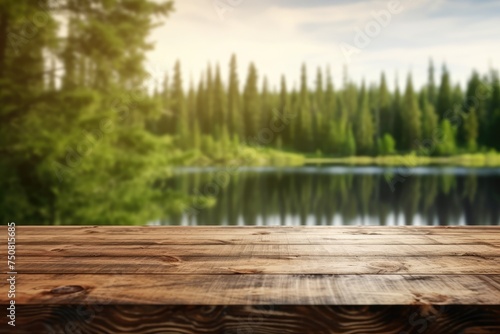 The empty wooden brown table top with blur background of Finland nature. Exuberant image. generative AI © Summit Art Creations