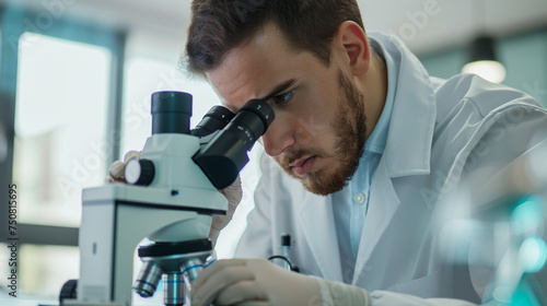 A medical student looking through a microscope, analyzing cell structures as part of an educational lab exercise, Analyzing samples concept, Medical Research, Education, Medical Te