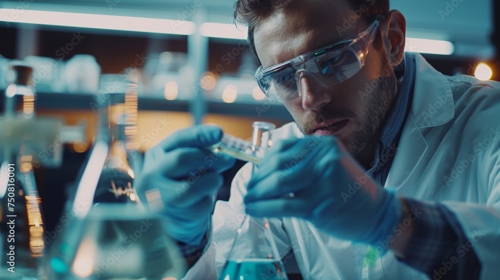 A chemist conducting a titration experiment, adding a titrant to a sample to determine its concentration, Analyzing samples concept, Medical Research, Education, Medical Test, with A chemist conducting a titration experiment, adding a titrant to a sample to determine its concentration, Analyzing samples concept, Medical Research, Education, Medical Test, with