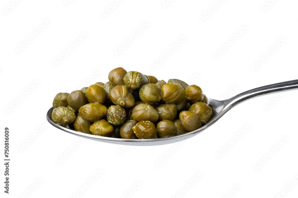 Single metal spoon with marinated capers close up on white background Single metal spoon with marinated capers close up on white background