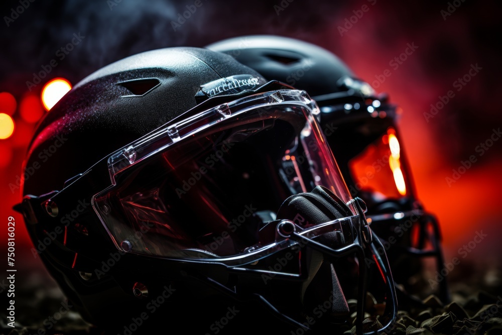 a scene with a football field, two american football helmets, and blurry stadium lights in the background a scene with a football field, two american football helmets, and blurry stadium lights in the background