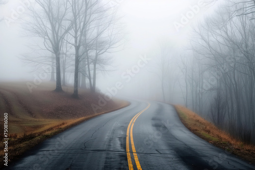 Road in the fog. Misty landscape. Background image. Created with Generative AI technology.