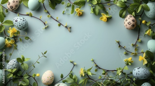 Eggs entwined in a lattice of spring vines adorned the Easter Monday border, creating a festive and colorful display.