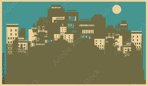 Silhouettes of houses of the night city. Skyscrapers of the metropolis. Background, wallpaper. Vector illustration