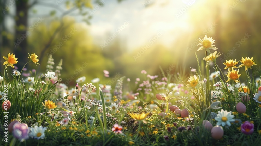 The Easter Monday scene showcases a vibrant meadow with scattered wildflowers and concealed eggs. - obrazy, fototapety, plakaty 