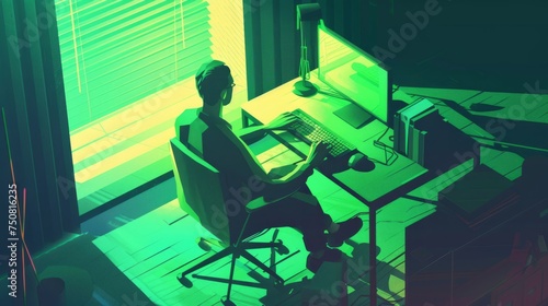 man sitting at a computer desk making a phone call