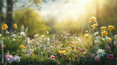 The Easter Monday scene showcases a vibrant meadow with scattered wildflowers and concealed eggs. photo