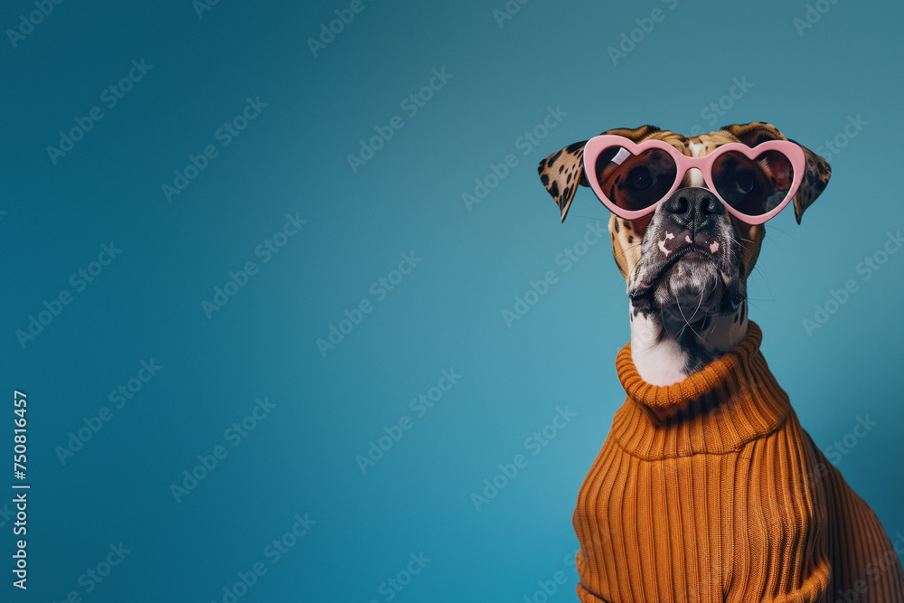 Stylish dog in heart-shaped sunglasses and an orange knit sweater