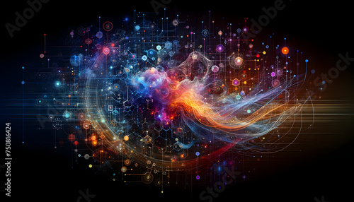 Abstract electronic background for technology and education. A dynamic electronic landscape symbolizing the flow of information. Abstract technology neural networks.