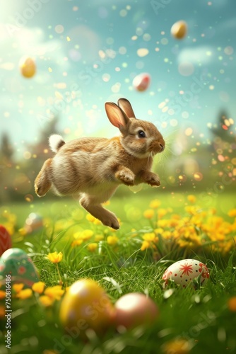 Easterbunny jumping on a Green and Very Warm Field with Easter Eggs and Colors Popping Background created with Generative AI Technology