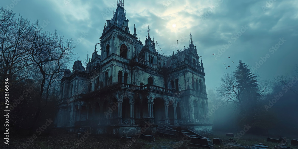 Gothic Castle in Twilight with Eerie Atmosphere Surrounded by Bare Trees and Mist