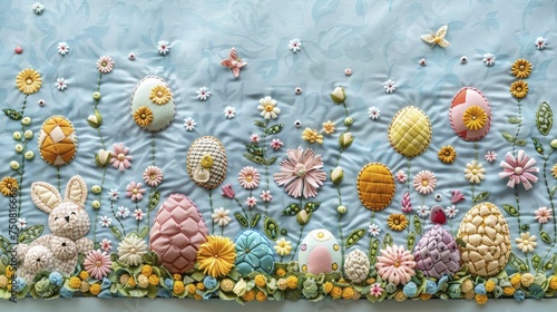Celebrate Easter Monday with a charming quilted patchwork display featuring egg and bunny motifs in a delightful frame. photo