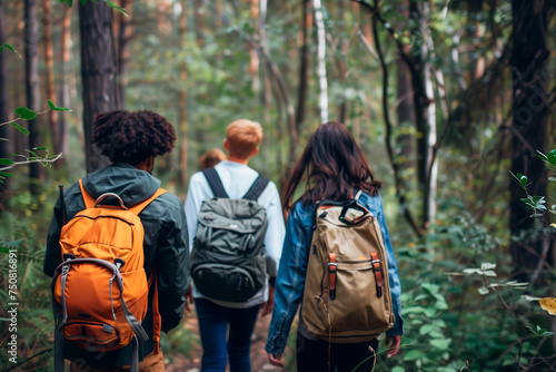 Diversity friends meet at the beginning of the forest to go hiking