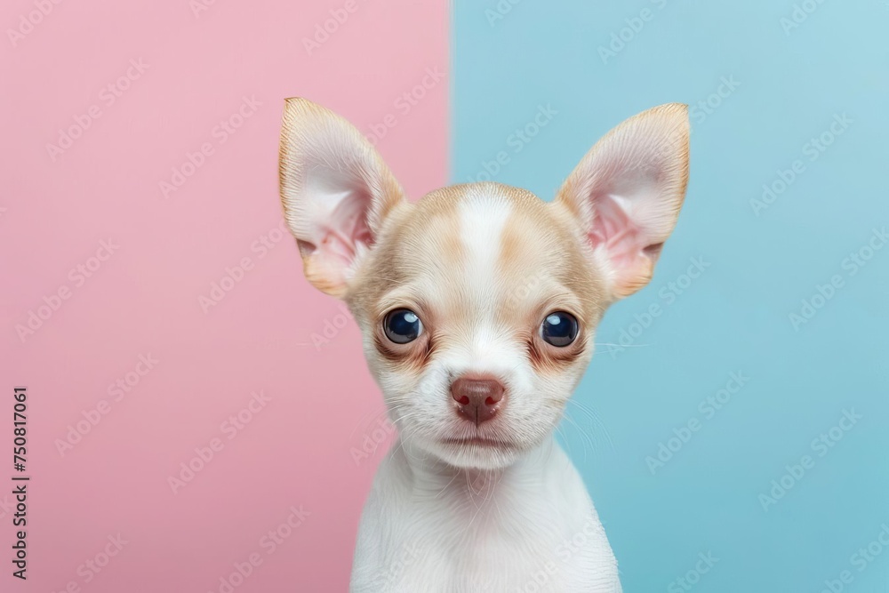 Chihuahua puppy posing on a pastel background Looking at the camera with a head tilt