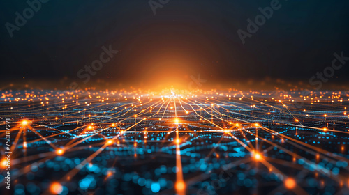 Abstract digital landscape of glowing network connections with nodes, representing data, communication, or artificial intelligence