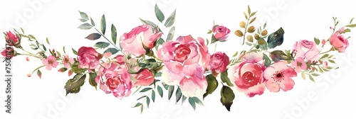 Hand-Painted Watercolor Illustration of Pink Roses in Floral Frames Generative AI