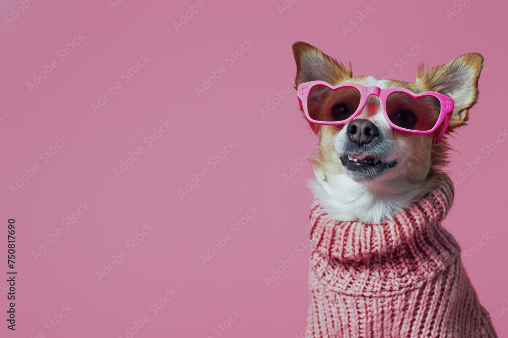 A cute Chihuahua dog dressed in a cozy pink knitted sweater and oversized pink heart-shaped glasses against a pink background