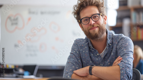 Casual male educator smiling confidently in front of a presentation screen.