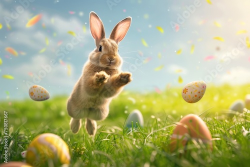 Easterbunny jumping on a Green and Very Warm Field with Easter Eggs and Colors Popping Background created with Generative AI Technology