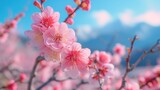 Sakura Majesty Pink Blossoms Branch with Mount Fuji Background