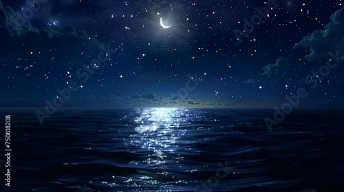 The magnificence of a starry night sky over a calm ocean. Fantasy landscape anime or cartoon style, looping 4k video animation background