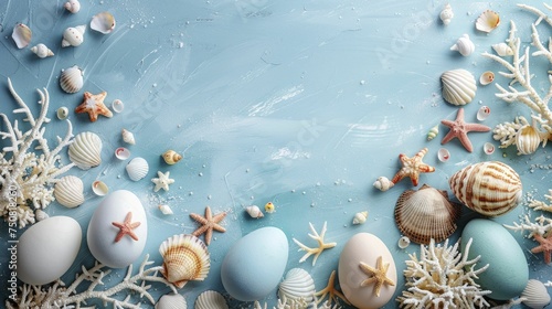 Nautical Easter Monday decor featuring eggs adorned with sea shells and coral along the border.