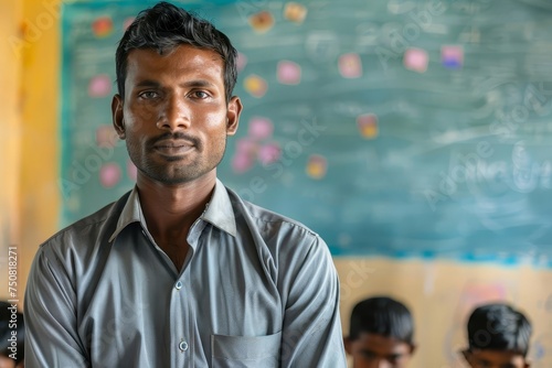 Inspiring portrait of a male teacher with a backdrop of engaged students Highlighting the impact of education