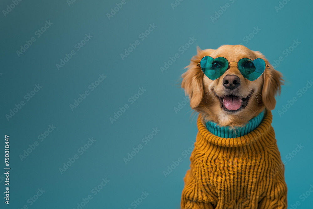 A cheerful golden dog in a teal sweater and cool blue sunglasses, against a bright turquoise backdrop - obrazy, fototapety, plakaty 