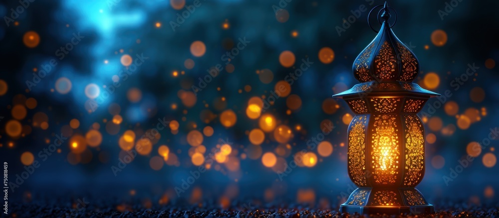 Arabic lantern with burning candle glowing at night. Festive greeting card, invitation for Muslim holy month Ramadan Kareem - obrazy, fototapety, plakaty 