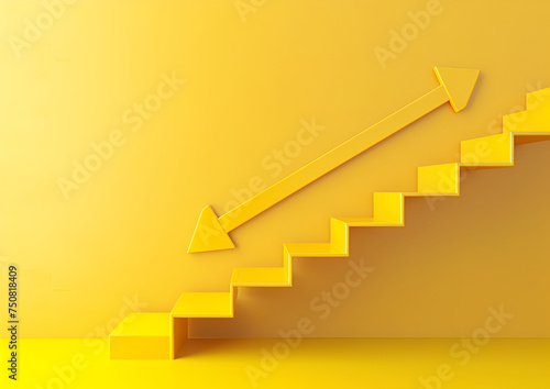 arrow on staircase on yellow background. Growth, increasing business,