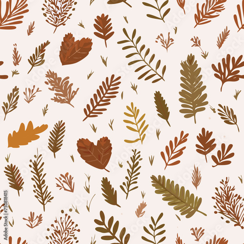 Watercolor vintage flowers seamless pattern with boho branches and gold leaves on white background. For boho or rustic style decoration. 