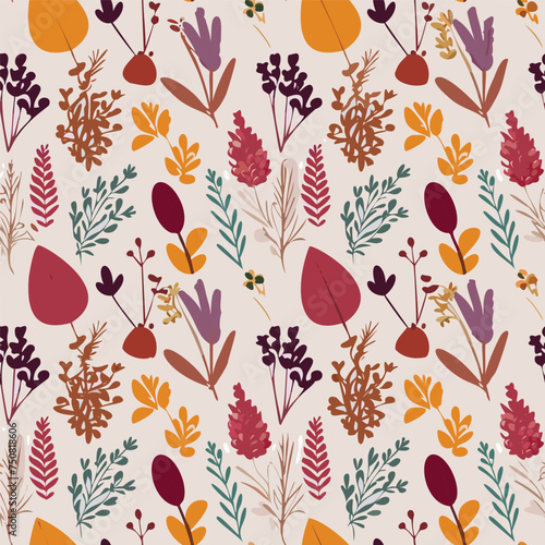Watercolor vintage flowers seamless pattern with boho branches and gold leaves on white background. For boho or rustic style decoration.
