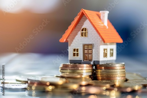 Miniature house on a stack of coins Illustrating concepts of real estate investment Financial growth And home ownership