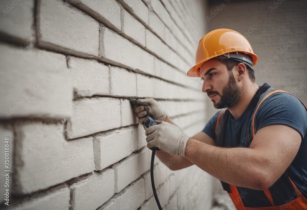 Worker puts a white brick on a construction site