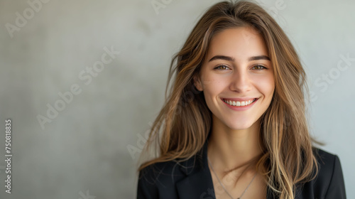 Young woman in a black blazer smiling, giving a friendly and professional vibe.