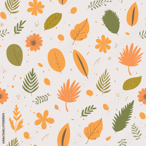 Watercolor vintage flowers seamless pattern with boho branches and gold leaves on white background. For boho or rustic style decoration.
