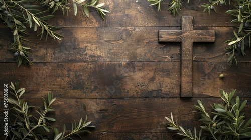 A rustic border for Good Friday features a wooden cross intertwined with olive branches for a serene touch. photo