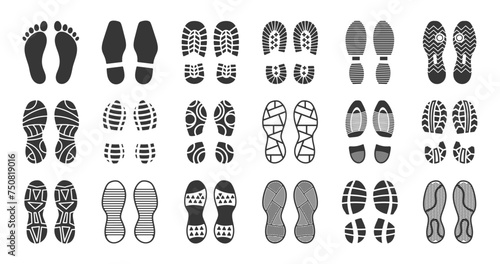 Vector Set Featuring Black Silhouettes Of Various Shoe Soles Prints, Including Boots, Sneakers And Foot Imprints