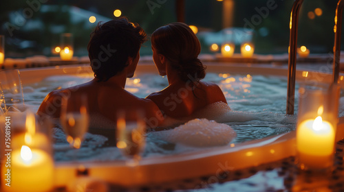 Couple in love in a hot tub with candles
