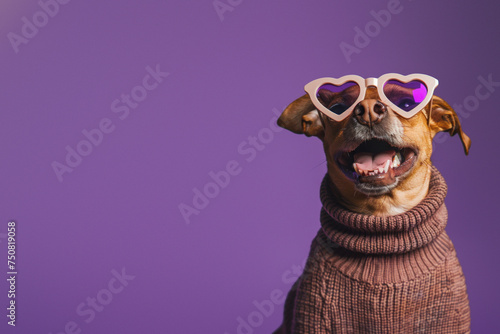 A joyful dog wearing heart-shaped sunglasses and a cozy turtleneck sweater against a purple background, expressing happiness and style