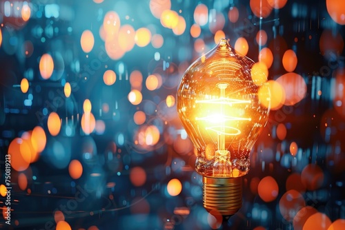 Glowing lightbulb with bokeh background - An illuminated light bulb stands out against a backdrop of blurred lights, symbolizing ideas and innovation