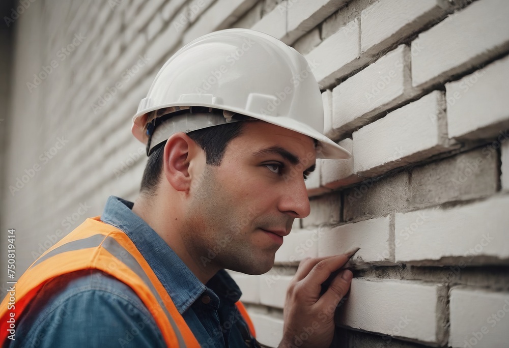 Worker puts a white brick on a construction site Worker puts a white brick on a construction site