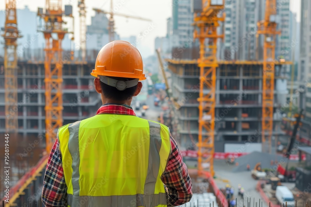 Rear view of a construction worker wearing a safety helmet and vest Overseeing a bustling construction site with cranes and scaffolding Rear view of a construction worker wearing a safety helmet and vest Overseeing a bustling construction site with cranes and scaffolding