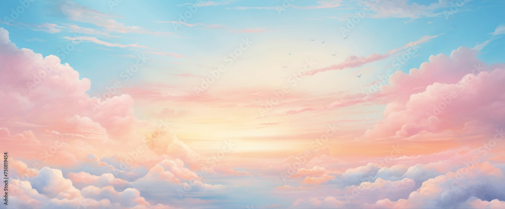 Whimsical gradient sunrise painting the sky with soft pastel hues, creating the cutest and most beautiful morning panorama. Whimsical gradient sunrise painting the sky with soft pastel hues, creating the cutest and most beautiful morning panorama.