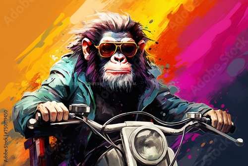 a monkey wearing sunglasses and a jacket riding a motorcycle © Galina