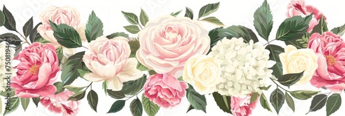 Pastel Tropical Flower Garland with Rose, Peony, and Hydrangea on White Background Generative AI
