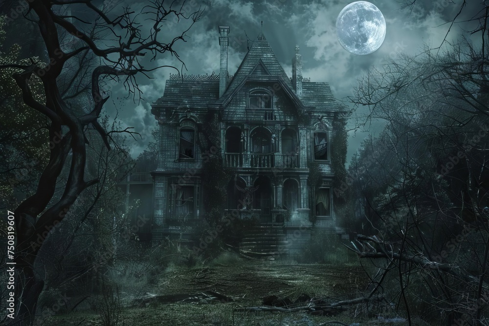 Spooky haunted house surrounded by dark woods Moonlit night adding to the eerie atmosphere Perfect for halloween themes