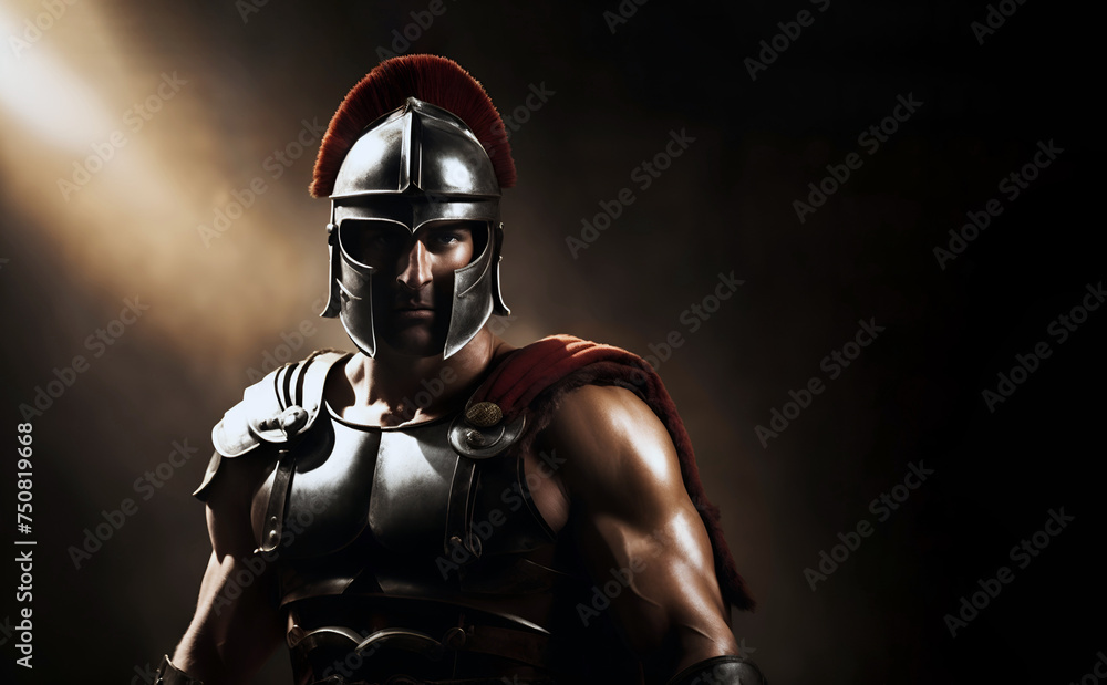Portrait of a roman legionary. Powerful centurion wearing imperial helmet with crest and body armor